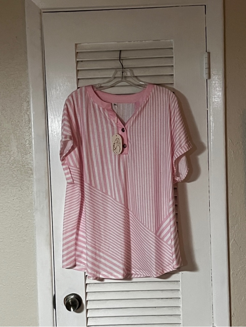 NWT Pink and White Stripe Henley Style Short Sleeve Blouse - Picture 2 of 5